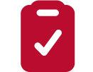 Icon: red clipboard with a checkmark in the center