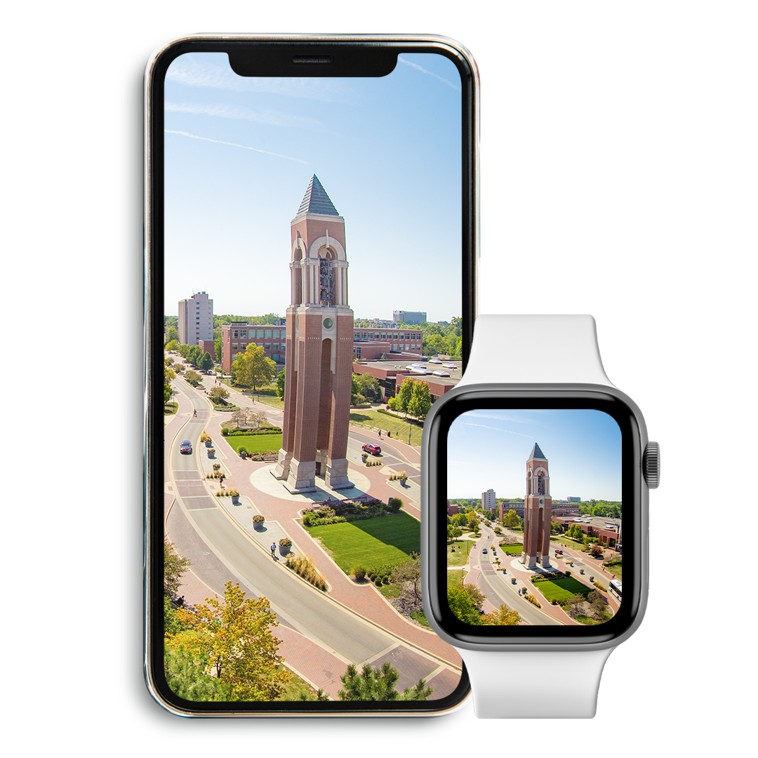 Ariel view of campus on iPhone and Apple Watch