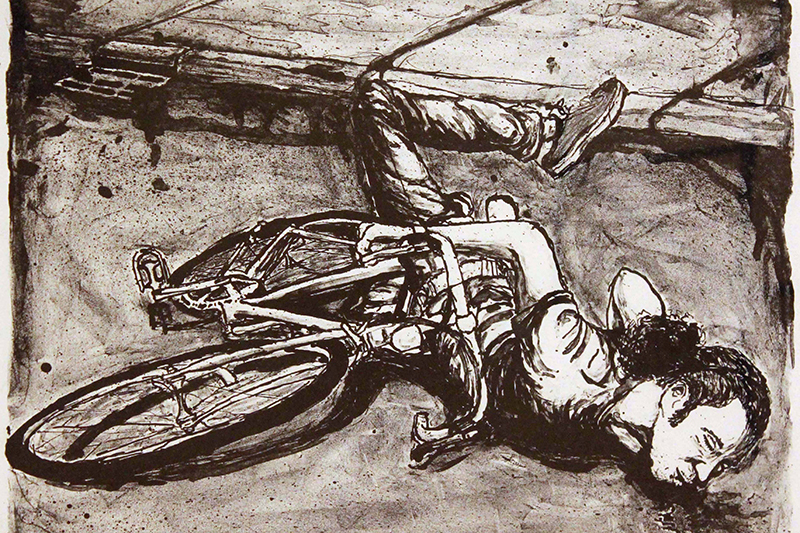 drawing of a man falling off a bike