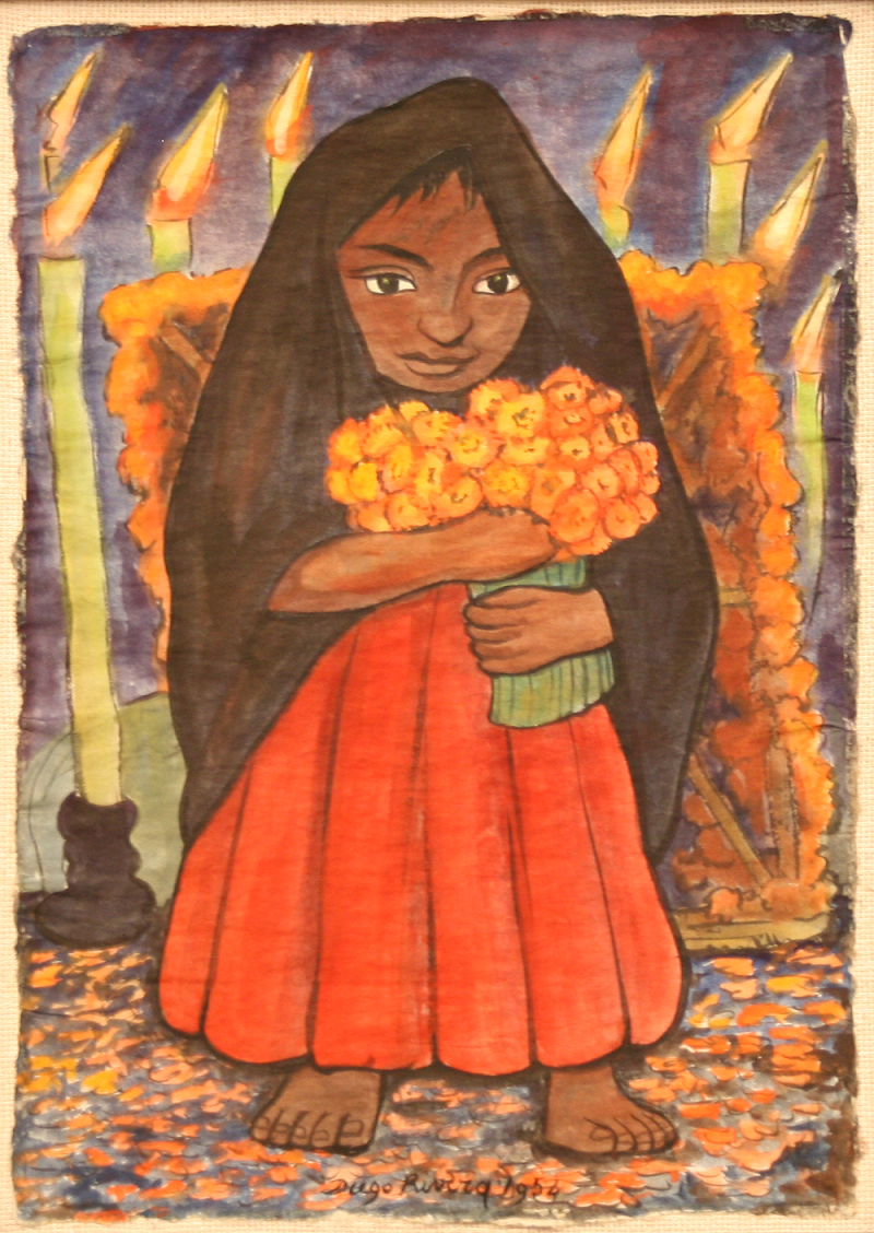 Rivera painting of girl holding flowers