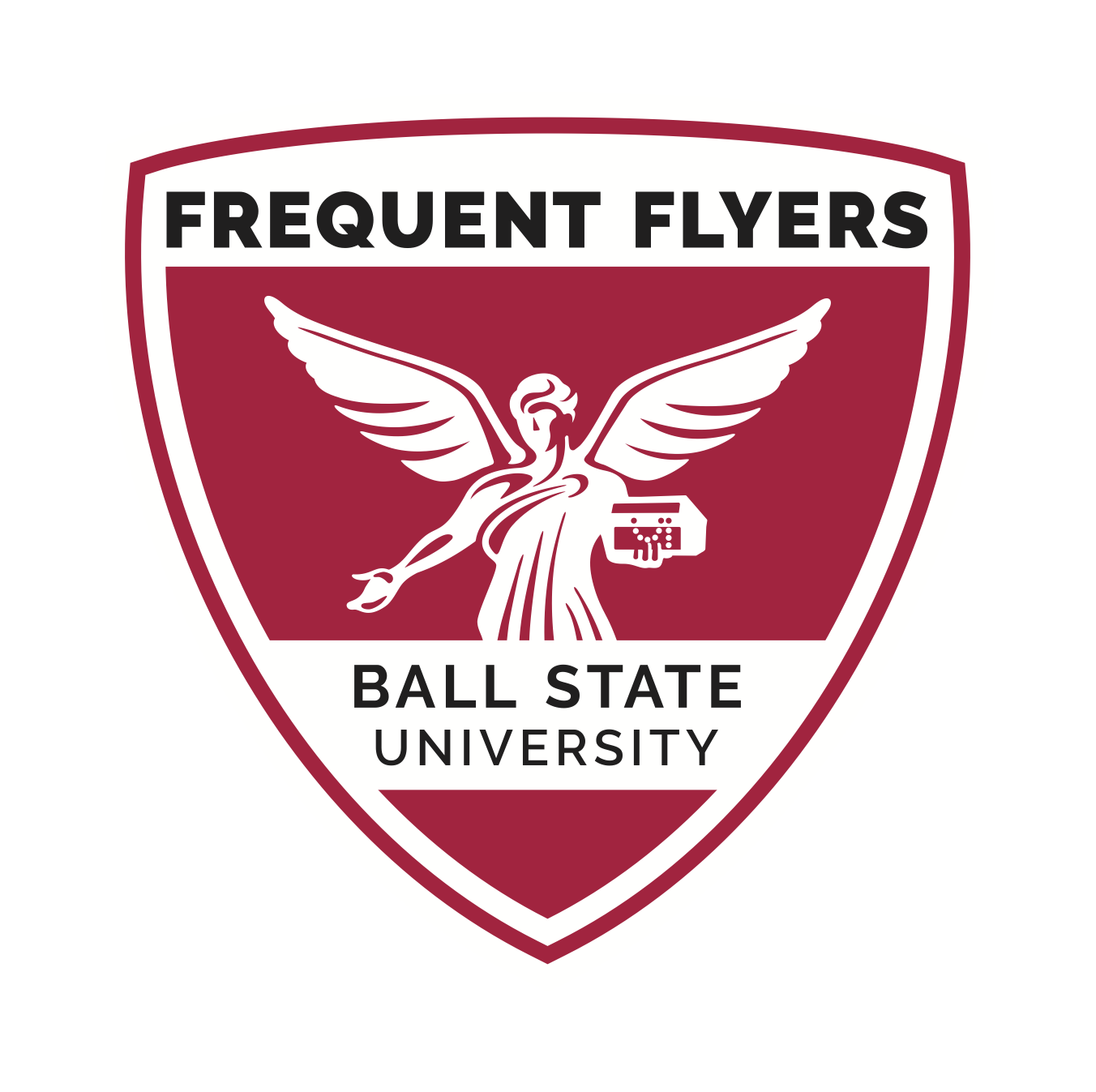 Ball State University Frequent Flyers shield logo winged figure holding book on a red shield 