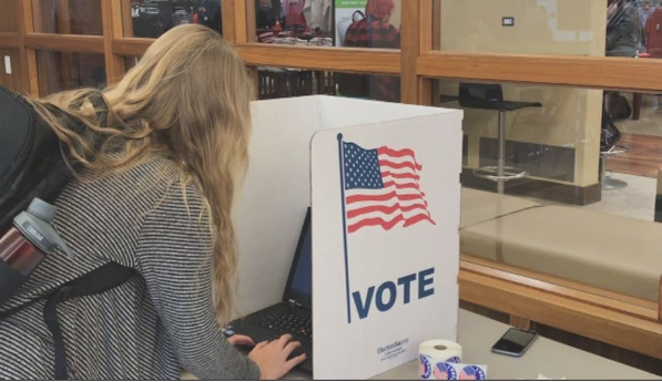 Woman with blond hair typing on in a voting ballad booth