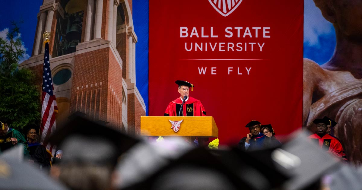 President Mearns speaks at the Ball State Summer 2025 commencement ceremony.