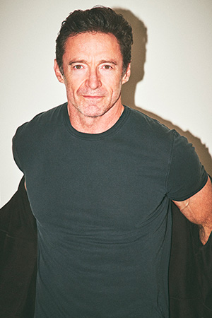 Hugh Jackman wearing Tshirt with jacket