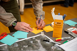 Maps, yellow post-its, teal post-its, and sharpie markets are scattered across a table. A woman's hands are visible writing something on one of the yellow post-its.