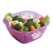 Light purple plastic snack bowl with a separate compartment for dips. It shows cauliflower, broccoli florets, carrots and celery sticking out of it with some ranch veggie dip.