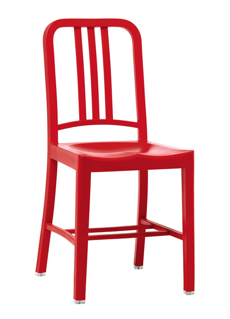 Red chair manufactured out of recycled plastic bottles