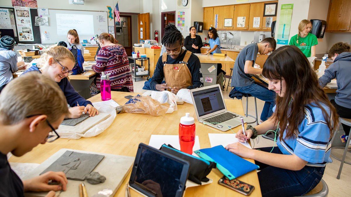 students working on projects in a classroom