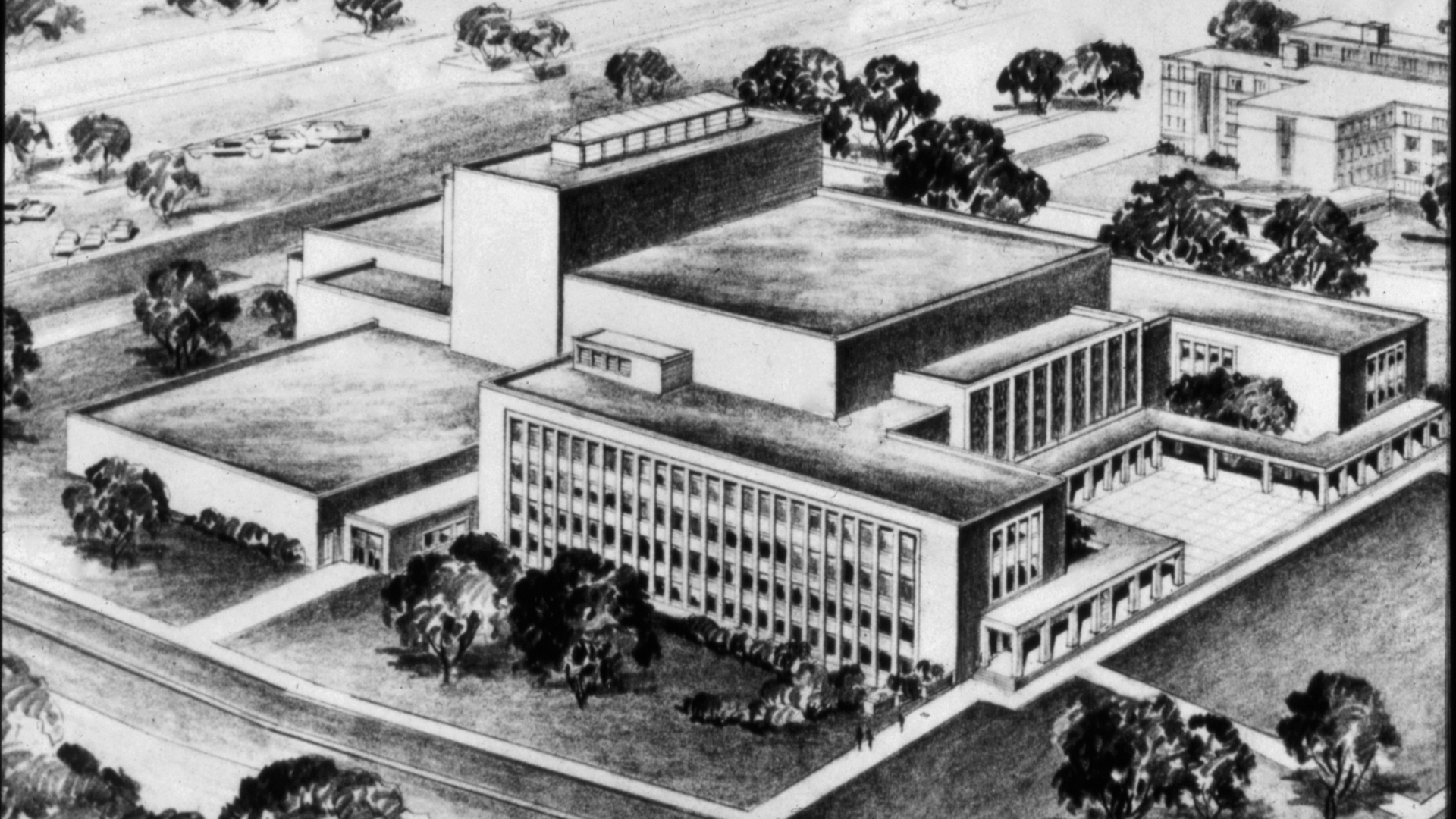 Original rendering of Emens Auditorium