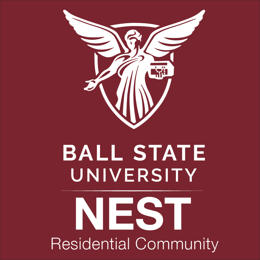 Red Background with Ball State Logo and "NEST Residential Community" under it 