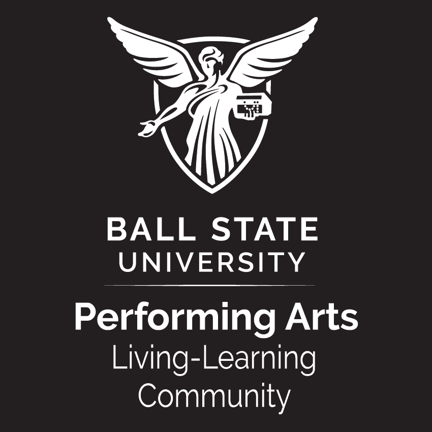 Red Background with Ball State Logo and "Performing Arts Living-Learning Community" under it