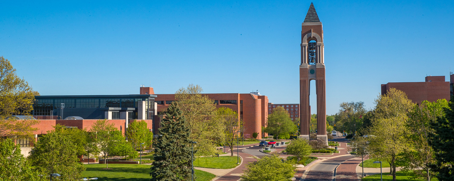 Ball State University brick sign with pink flowers