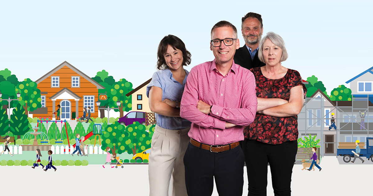 Four adults pose with arms crossed in front of illustrated houses, trees, and a community neighborhood scene.