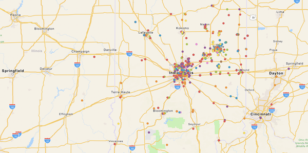 Screenshot of a map showing immersive learning locations around Muncie and Indianapolis