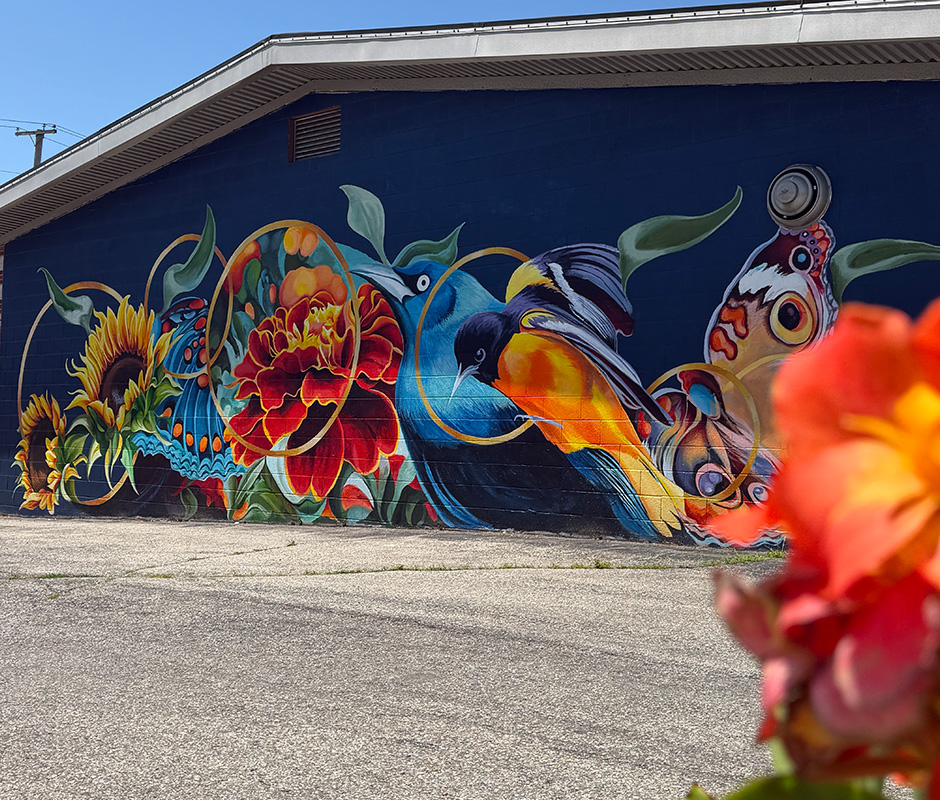 Colorful mural painted on a dark blue brick wall, featuring sunflowers, a red flower, butterflies, and two brightly colored birds.