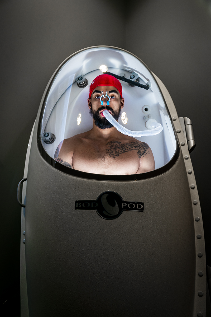 student in testing chamber