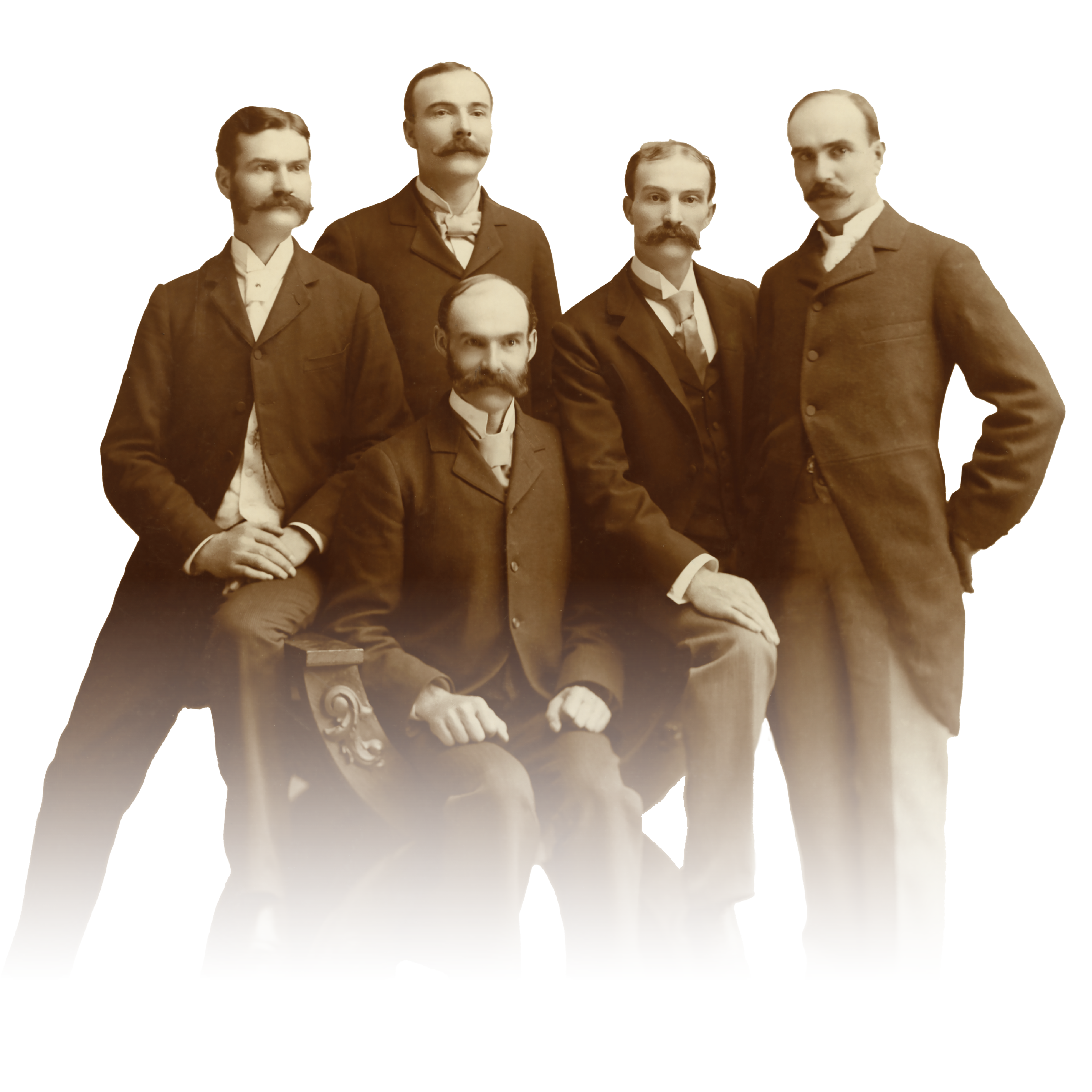 The five Ball brothers pose for a portrait. Left to right: William C. Ball, Frank C. Ball, Lucius L. Ball, George A. Ball, and Edmund B. Ball.