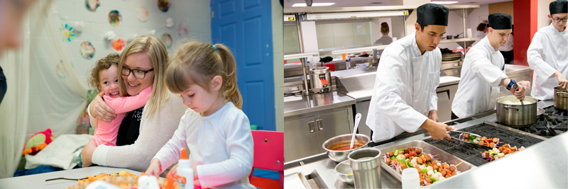 Medical assistant working with a patient and people working in food services