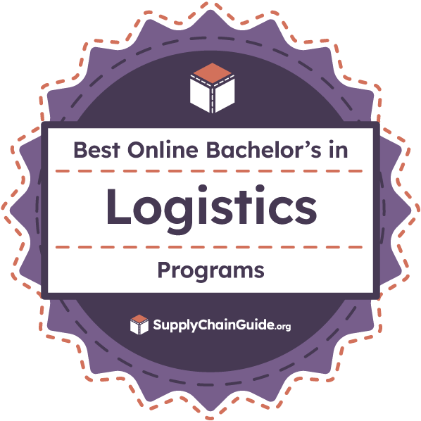 Award badge for Best Online Bachelor's in Logistics Programs from SupplyChainGuide.org, featuring a purple seal design with a box icon.