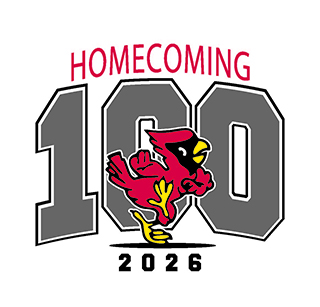 Ball State Homecoming 2026 logo featuring a large gray ‘100’ with a red cardinal mascot in front, ‘Homecoming’ above, and ‘2026’ below.