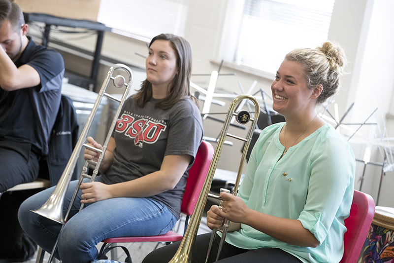 music students in the classroom with trombones
