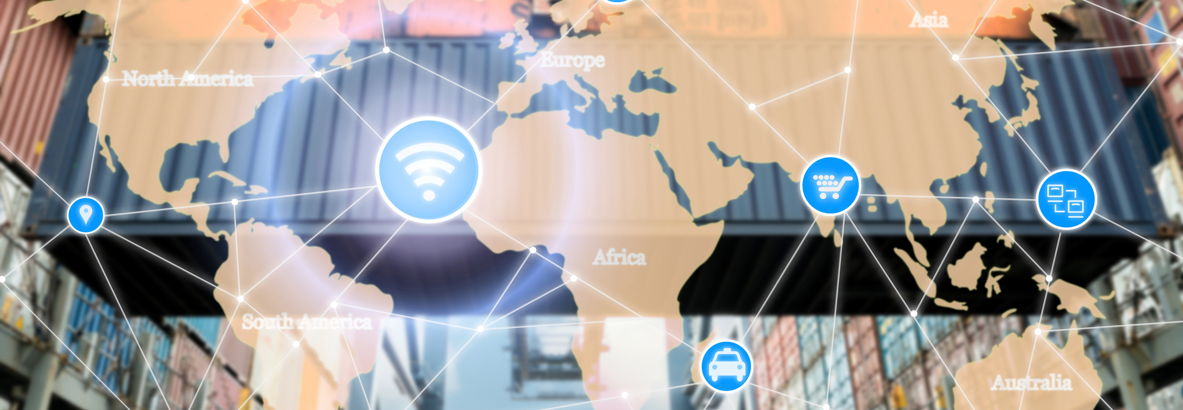 Map with icons representing logistics and supply chain connections across the globe