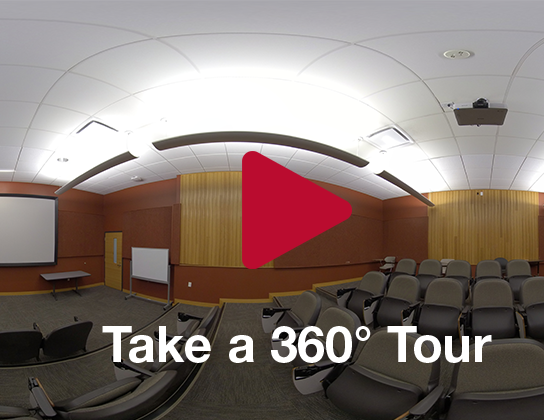 Screening Room, with several rows of seats and a large screen on the wall. Text reads "Take a 360°" over top. Click on the photo to take a 360° tour of the Screening Room.