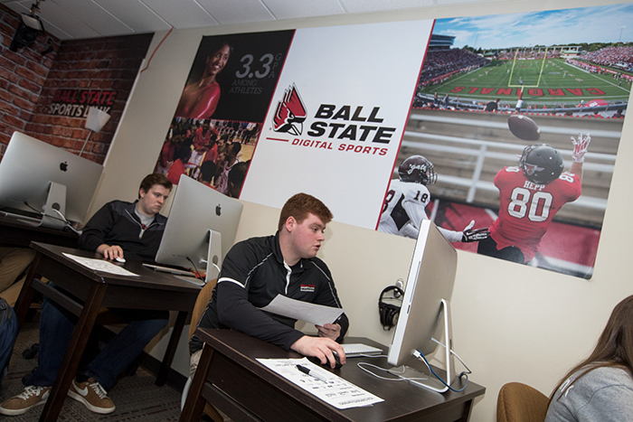 Students working at computers in Sports Link