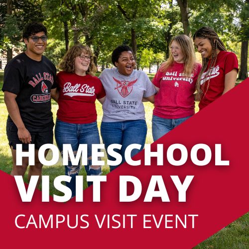 A photo of students in a line are overlayed by the text "Homeschool Visit Day" and "Campus Visit Event" with a red design embellishment.