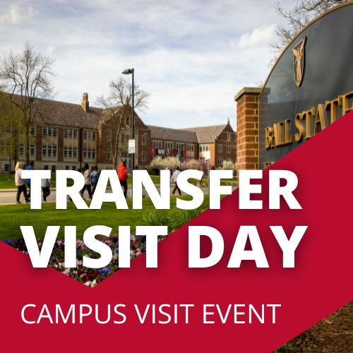 A photo of campus is overlayed by the text "Transfer Visit Day" and "Campus Visit Event" with a red design embellishment.
