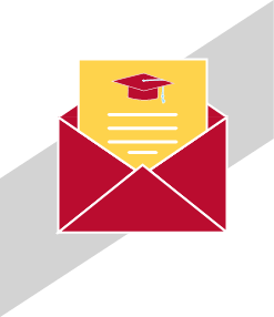 Red envelope icon with yellow paper sticking out with a red graduation cap on it