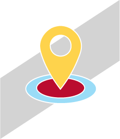 Yellow map pin centered over a red and blue circle, representing visit us 