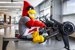 Discover Ball State-Recreation Services Charlie Cardinal on row machine