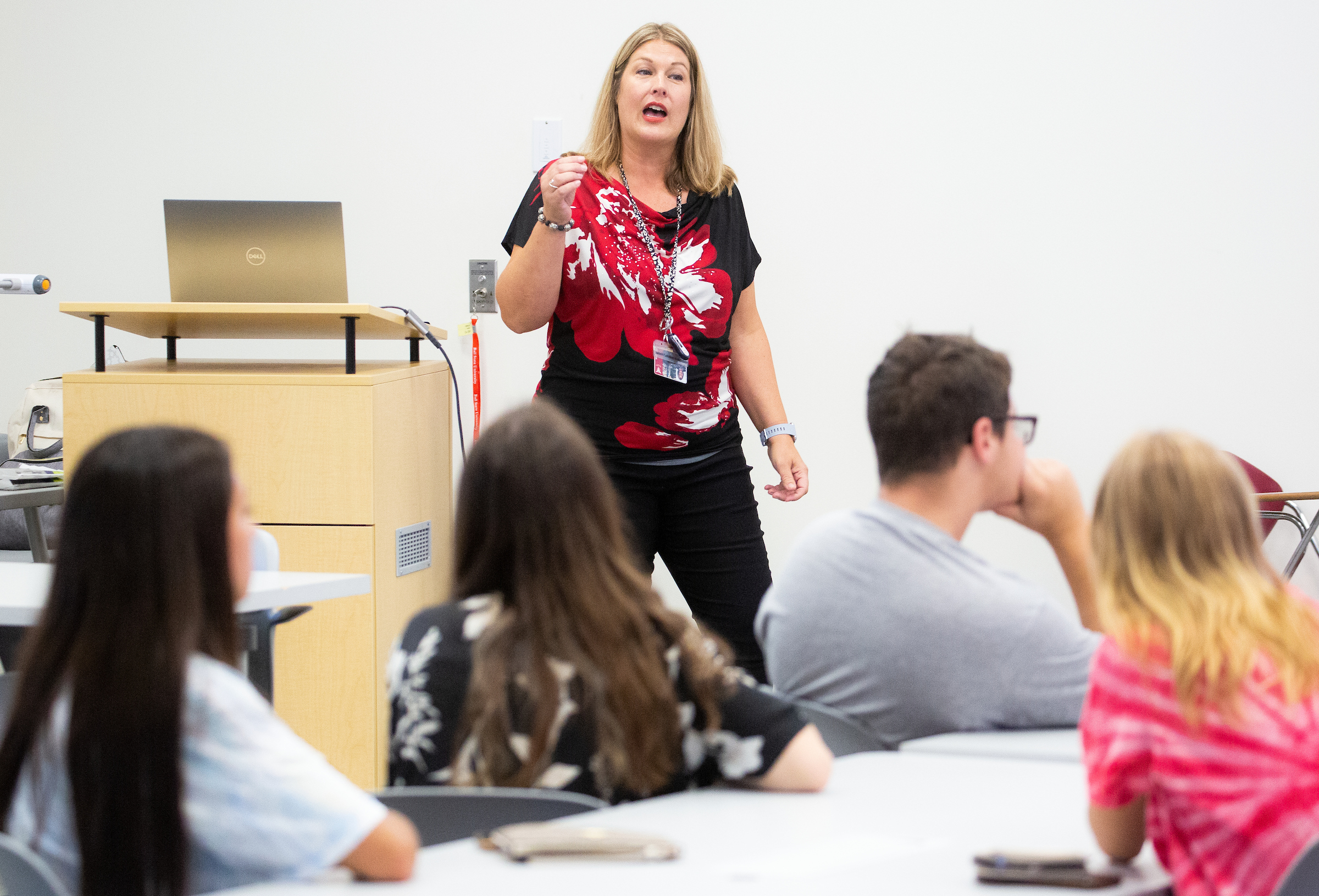 Instructor speaking to a group of high school students on Experience BSU Day