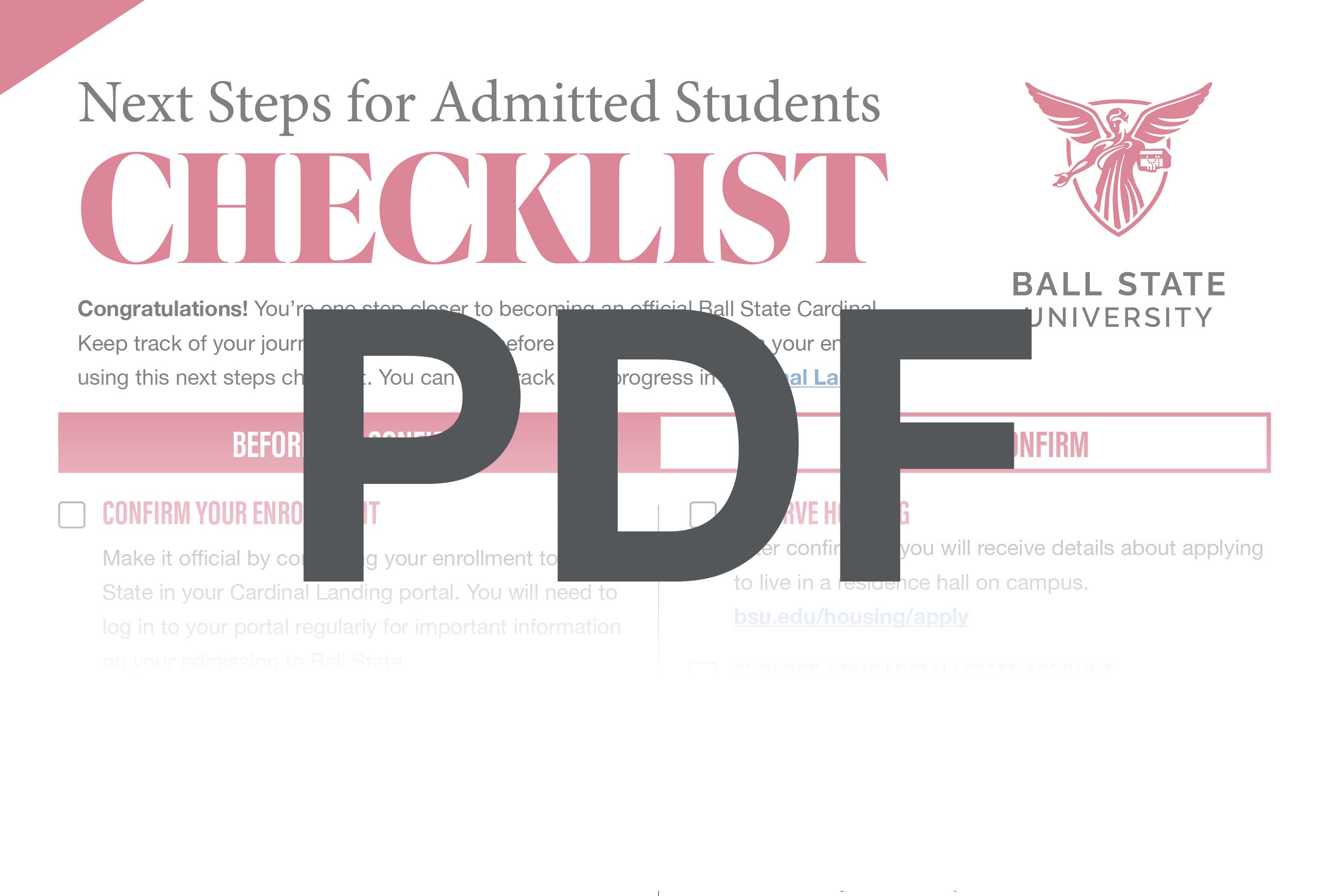 Clickable Photo: A preview image of Next Steps for Admitted Students Checklist with large text "PDF" in gray overlayed.