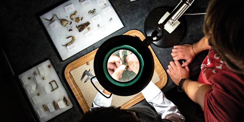 Students observing archaeological artifacts