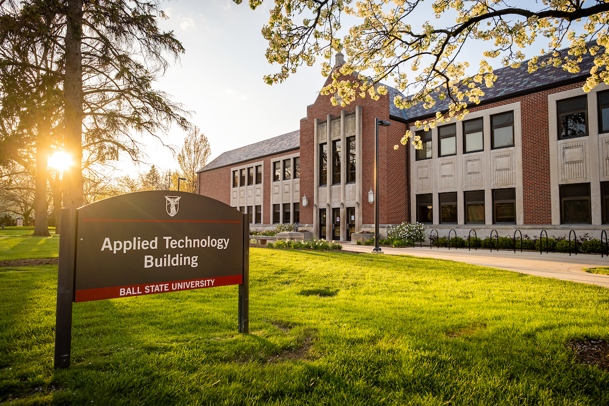 An image of the Applied Technology Building at Ball State University during sunset. 