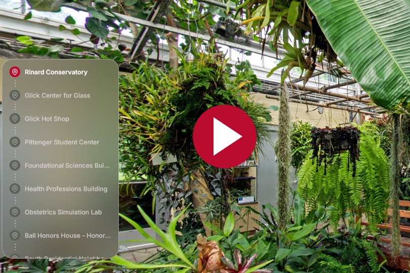 tour screenshot of the greenhouse, a menu on the left, a play button in the center and the plants behind in the background