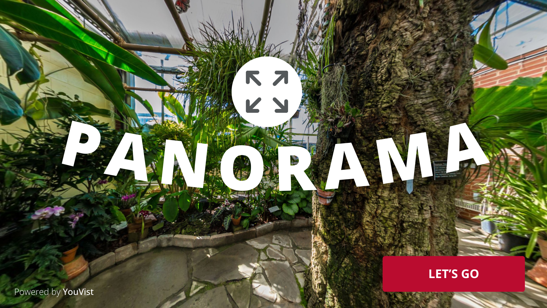 A clickable image of the Rinard Orchid Greenhouse. Click to open a panorama that further explores the facility.