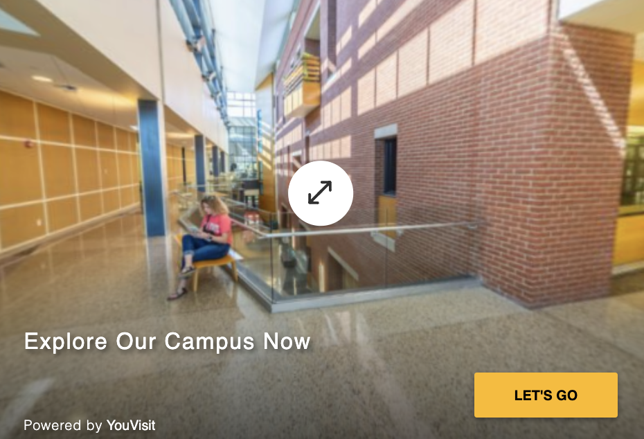 A clickable image of the David Letterman Communication and Media Building. Click to open a virtual tour that further explores the facility and its various resources.