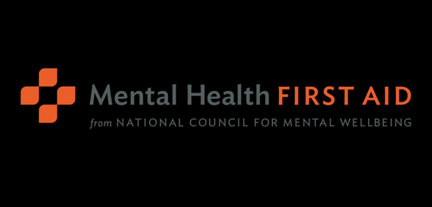 Mental Health First Aid logo orange cross symbol text on a black background 