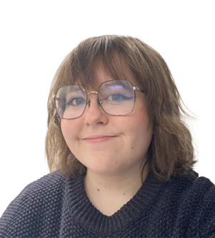 Laurie Noyes smiles for a headshot wearing glasses and a dark sweater against a white background.