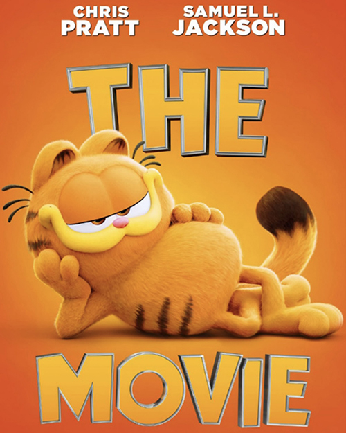 Poster of Garfield the cat lounging between the words "the" and "movie" to spell out "The Garfield Movie"