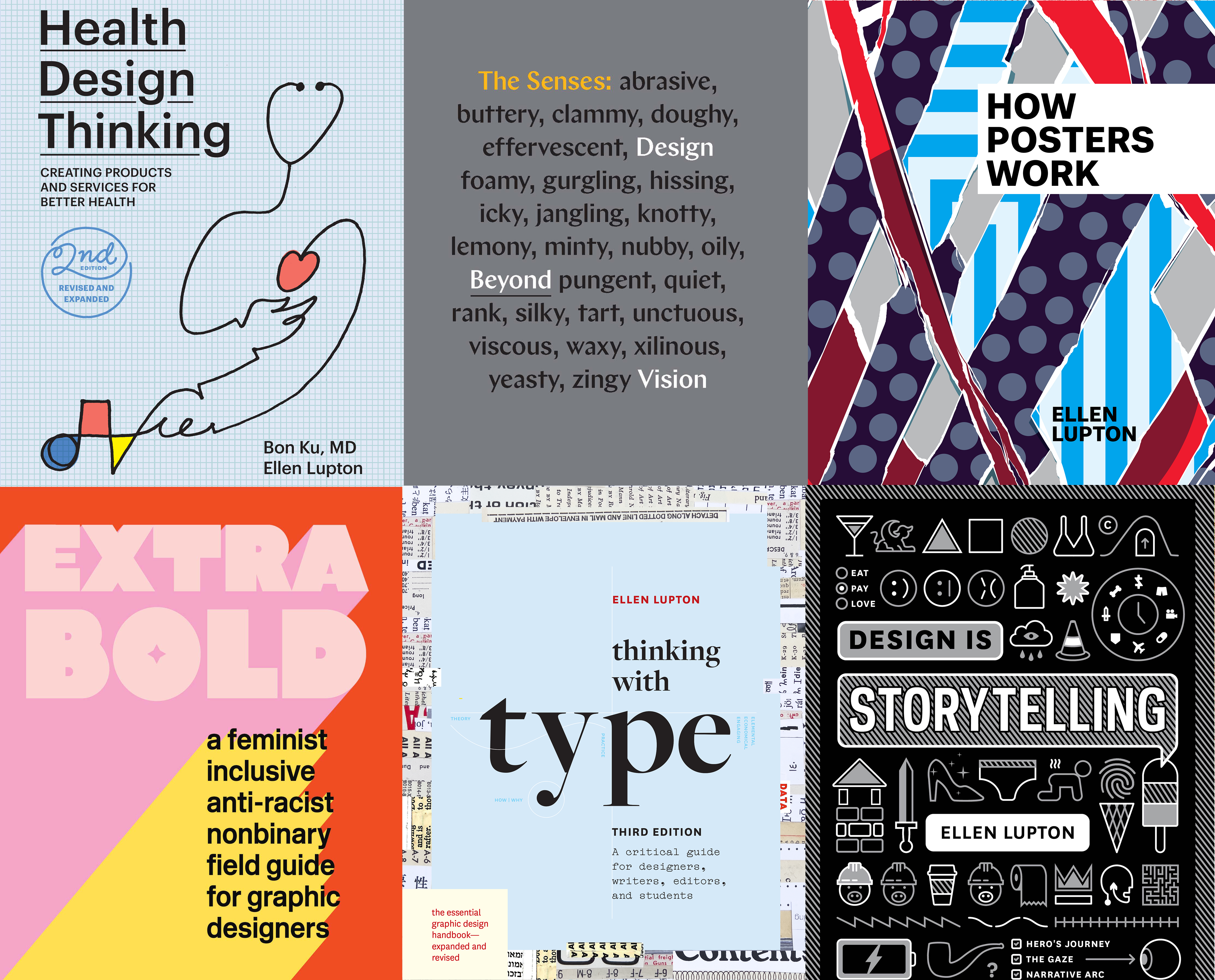 A montage of Ellen Lupton's graphic design work.
