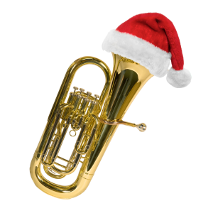 a tuba wearing a Santa hat