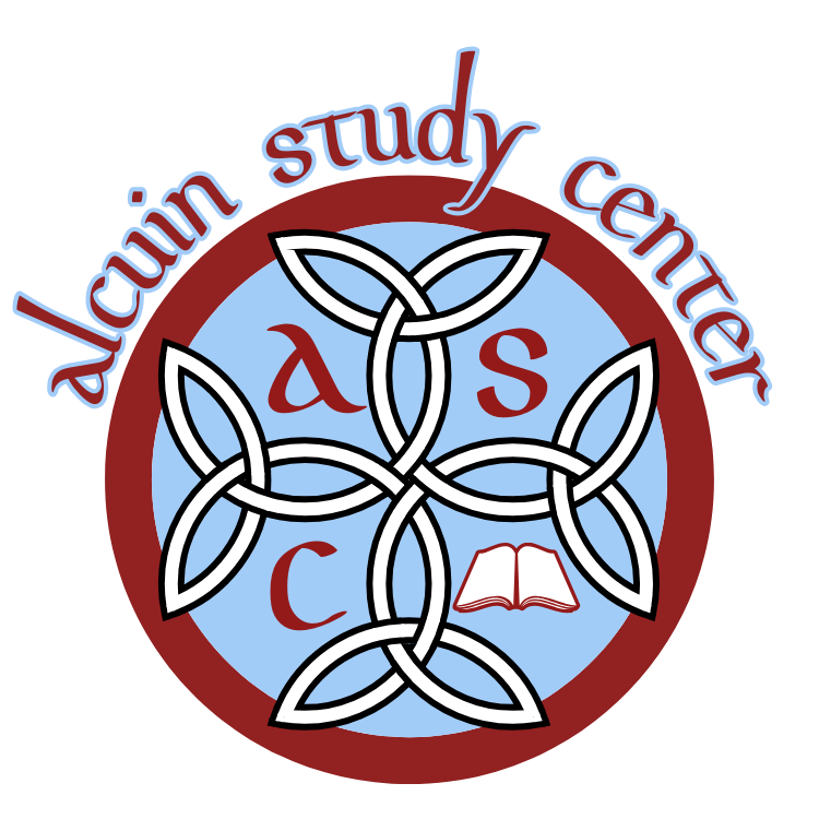 Circular logo for Alcuin Study Center featuring a light blue circle framed by a thick maroon border. In the center is a white Celtic knot four point cross containing the red letters 'a', 's', and 'c' alongside an open book icon in its four quadrants. The text "Alcuin Study Center" arches over the top of the logo.