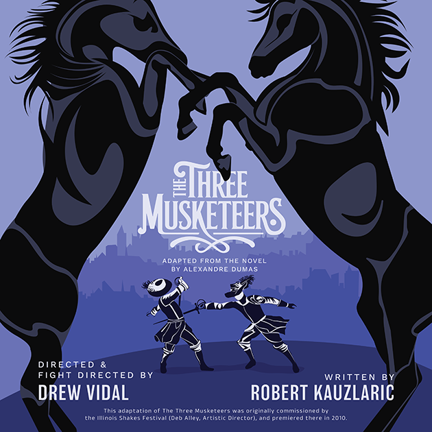 Poster depicting two people sword fighting under the title "Three Musketeers" framed by two fighting horses in the foreground