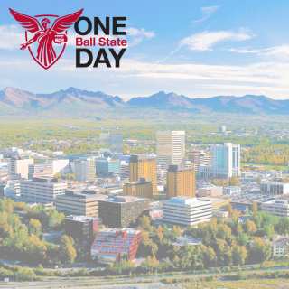 Anchorage Alaska skyline with One Ball State Day logo overlay