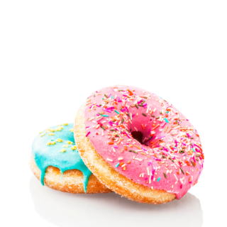 2 sprinkled donuts stacked on one another; one with blue icing one with pink.