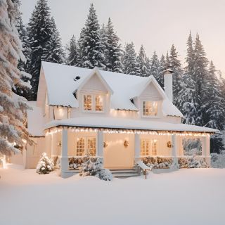 White country home in snowcovered countryside with pine trees in background
